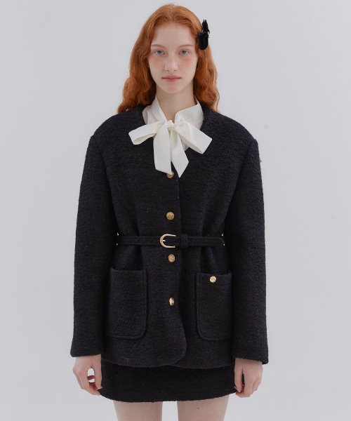 ANC COLLARLESS BELT TWEED JACKET_BLACK