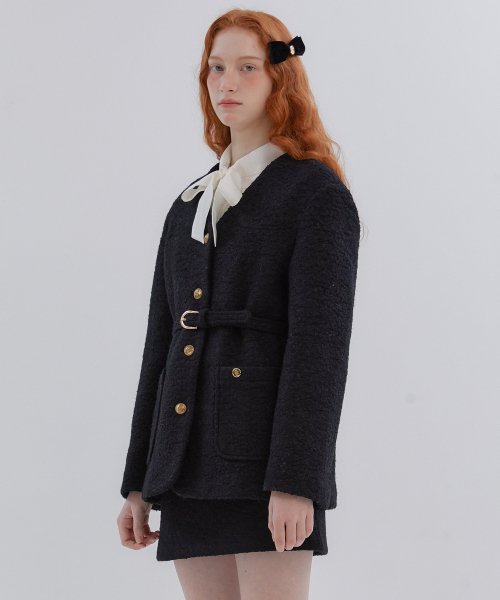 ANC COLLARLESS BELT TWEED JACKET_BLACK
