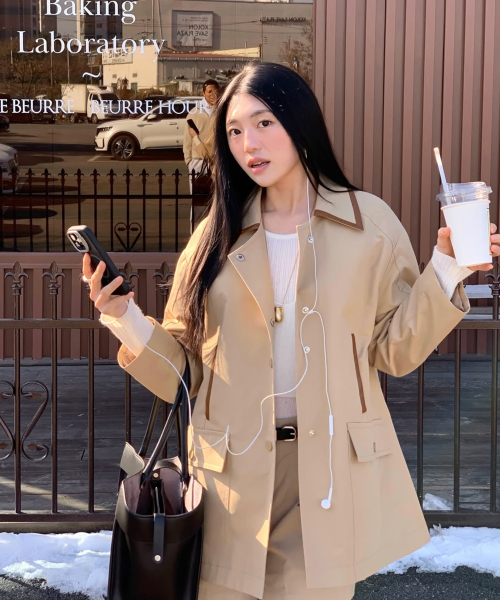 Кожаный combo half trench_BEIGE