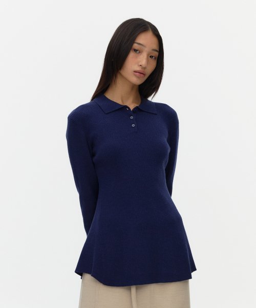 Flared polo sweater_NAVY