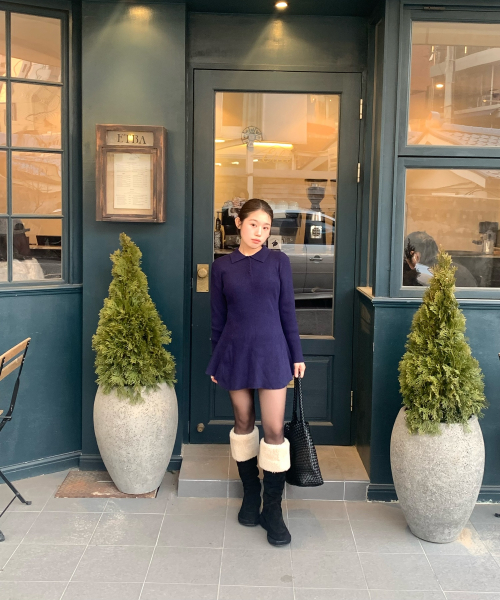 Flared polo sweater_NAVY
