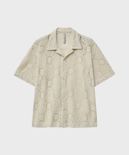 Жаккардовая рубашка с открытым воротником и коротким рукавом (Beige)