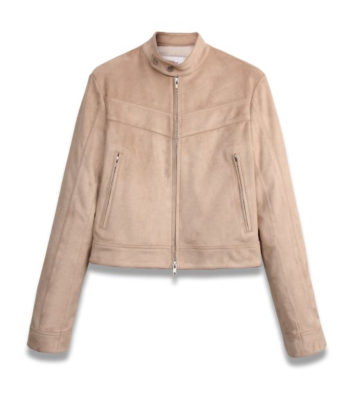 Vegan Leather Suede Racer Jacket in Beige