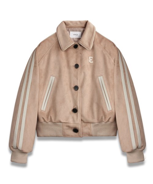 Vegan Leather Suede Varsity Jacket in Beige