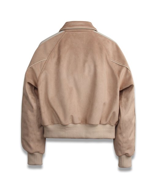 Vegan Leather Suede Varsity Jacket in Beige