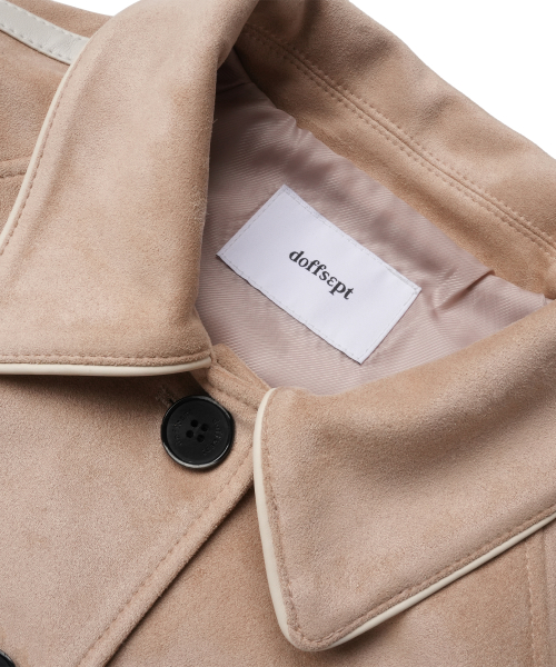 Vegan Leather Suede Varsity Jacket in Beige