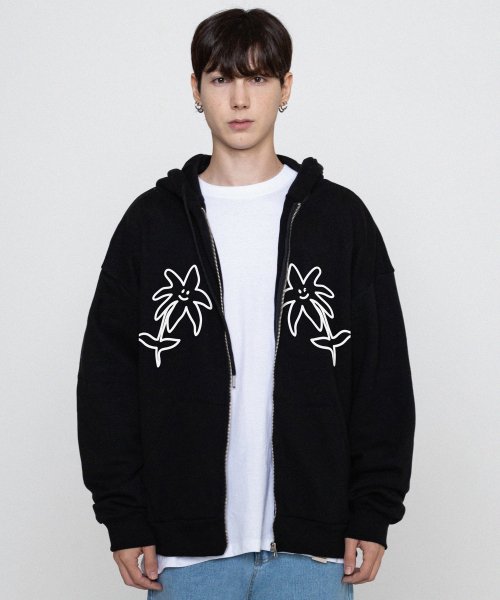 [UNISEX] Худи на молнии с цветочным принтом TWO_Black