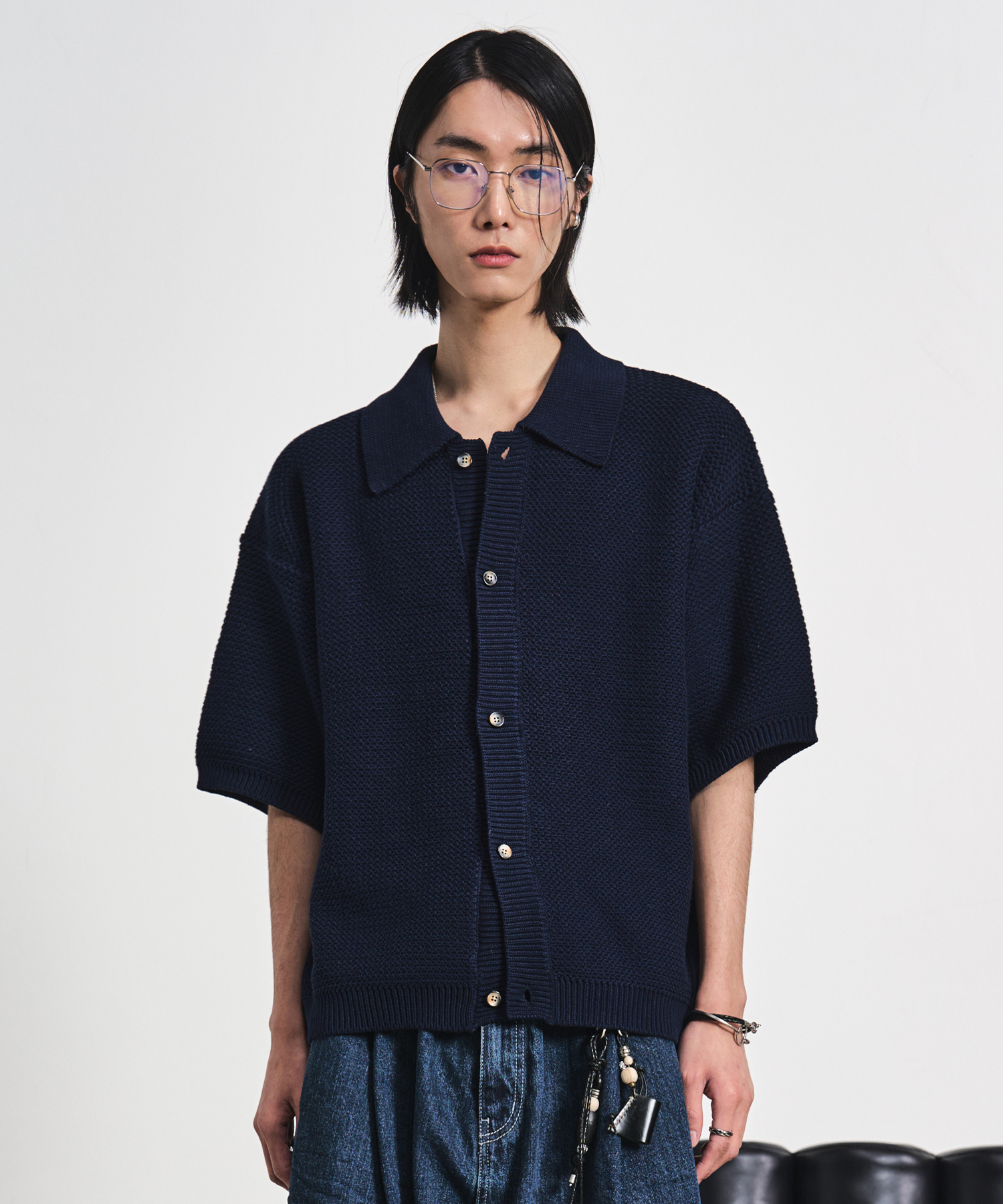Tweedy Half Knit Cardigan Navy