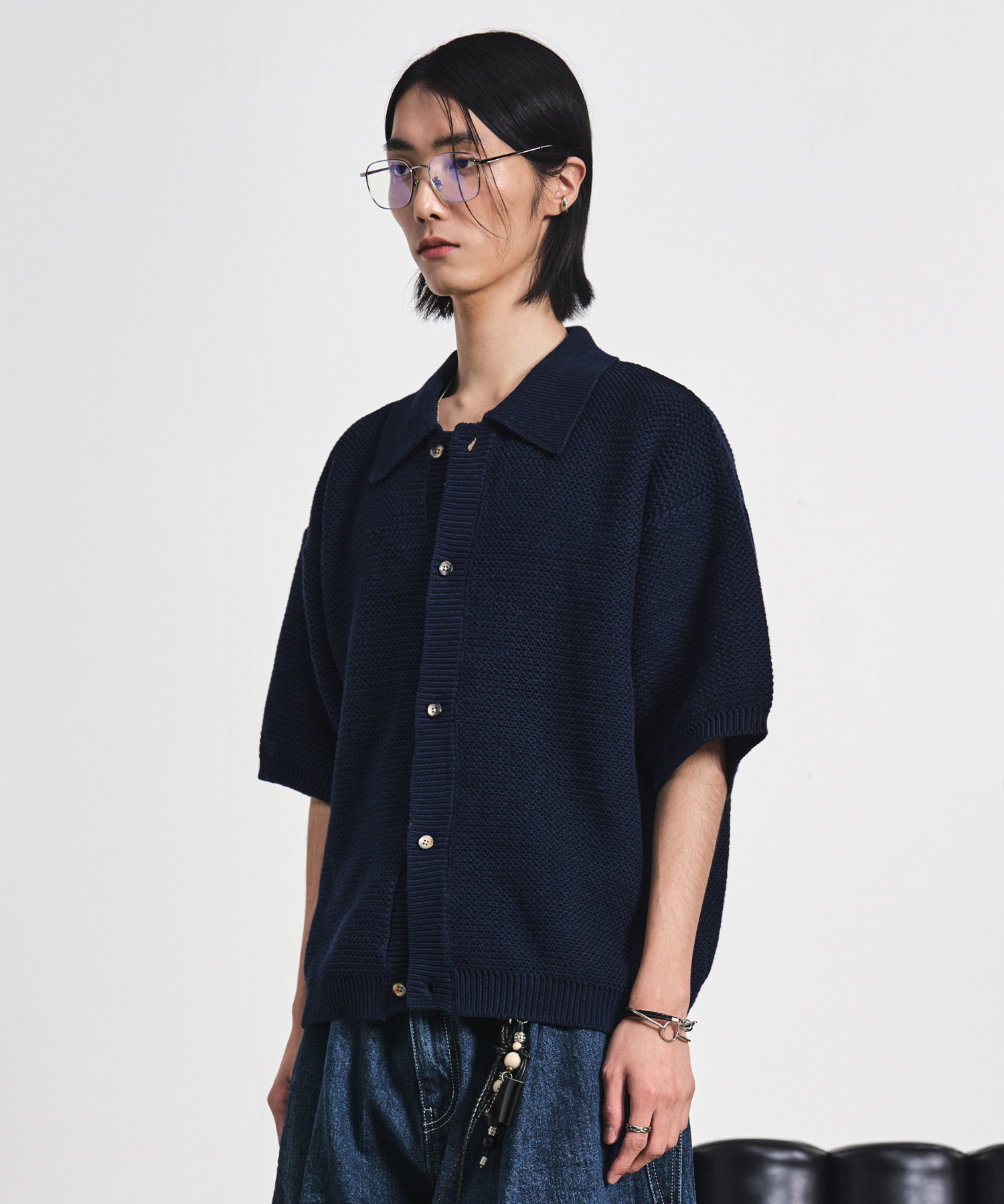 Tweedy Half Knit Cardigan Navy
