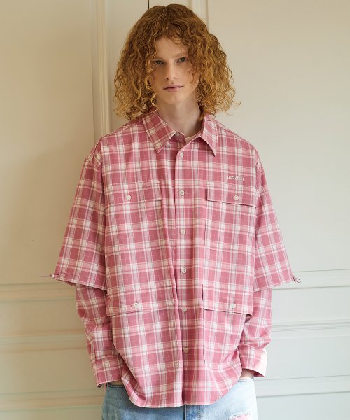 レイヤードチェックシャツピンク