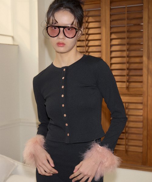 Fur Trimming Cardigan_ Black