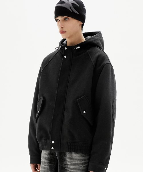 WOOL 2WAY ELBOW PATCH HARRINGTON HOOD JACKET (BLACK)
