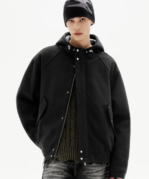 WOOL 2WAY ELBOW PATCH HARRINGTON HOOD JACKET (BLACK)