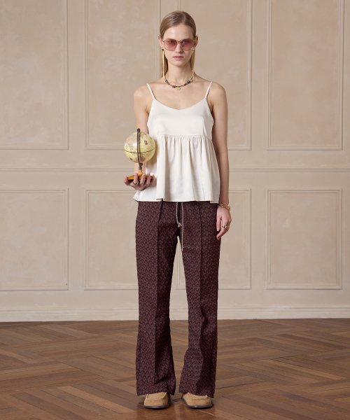 Jacquard drawstring bootcut banding pants Brown