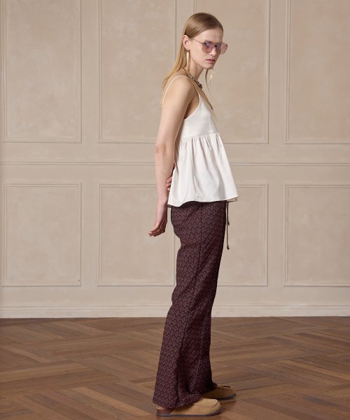 Jacquard drawstring bootcut banding pants Brown