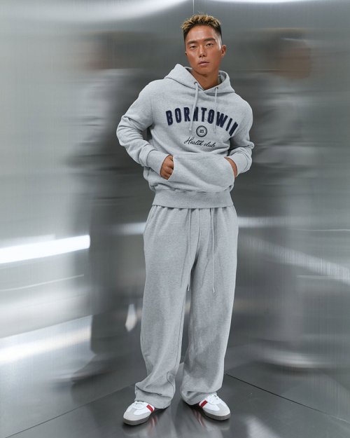 BORNTOWIN PATCH MUSCLE FIT HOODIE [MELANGE GREY]