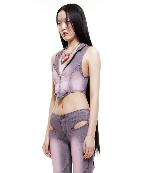 Cropped Denim Vest Pink/Gray