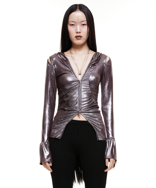 Cut-Out Shirring Hoodie Zip-up Glitter Brown