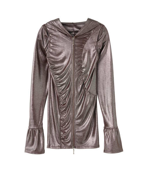 Cut-Out Shirring Hoodie Zip-up Glitter Brown