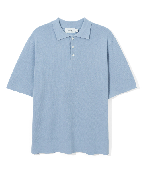 COSTUME O'CLOCK - Cool Linen-Like Button Collar Short Sleeve Knit Sky Blue COOSKT009SKYBLUE