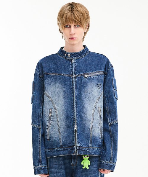 Embossing denim biker jacket MEDIUM BLUE