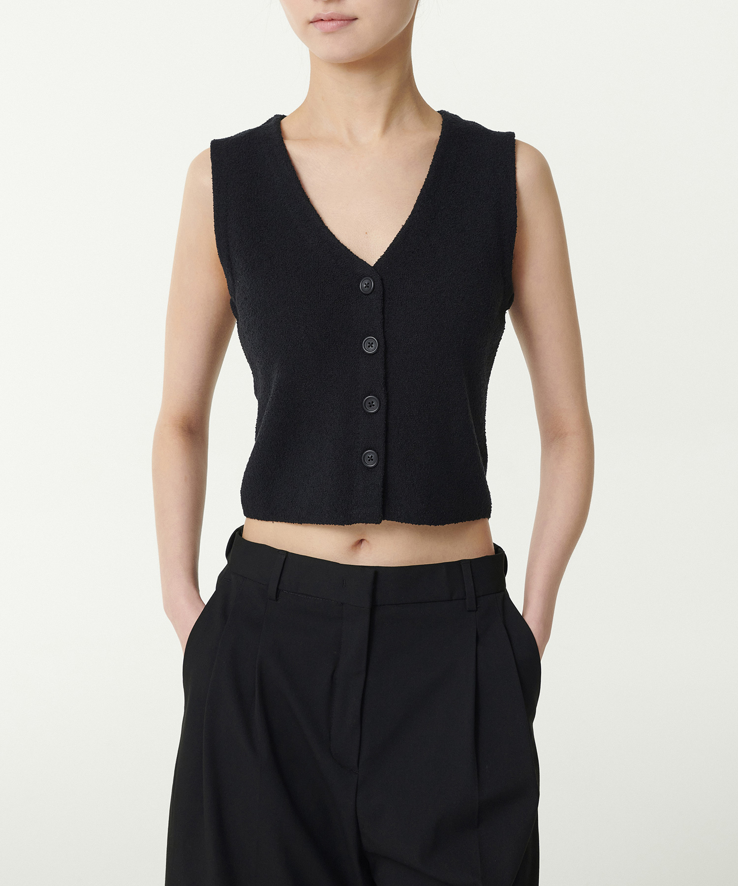 WOMENS MINI BOUCLE BUTTON KNIT VEST [BLACK]