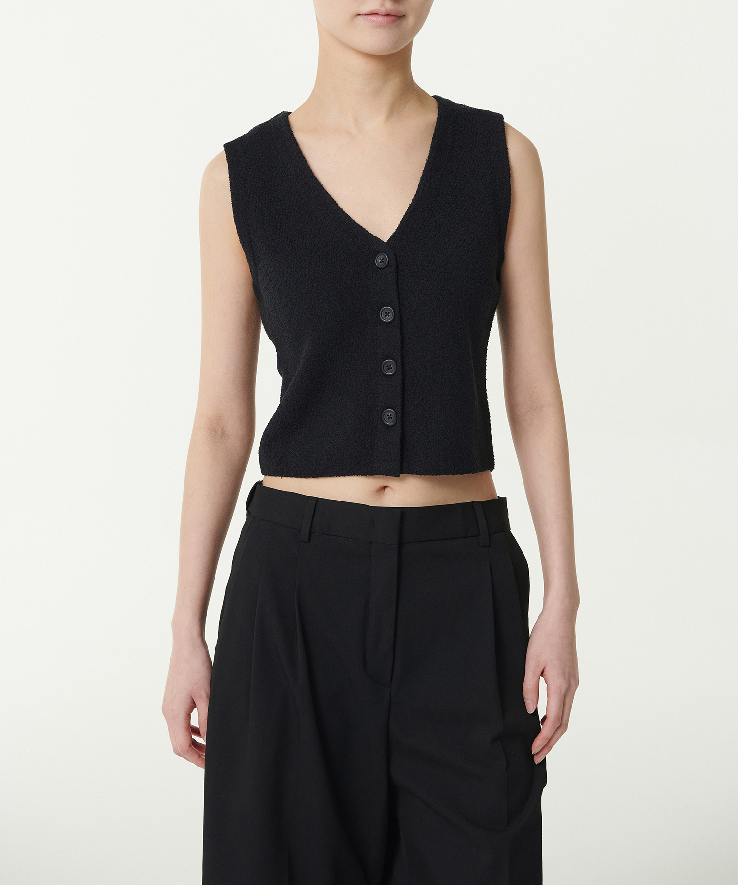 WOMENS MINI BOUCLE BUTTON KNIT VEST [BLACK]