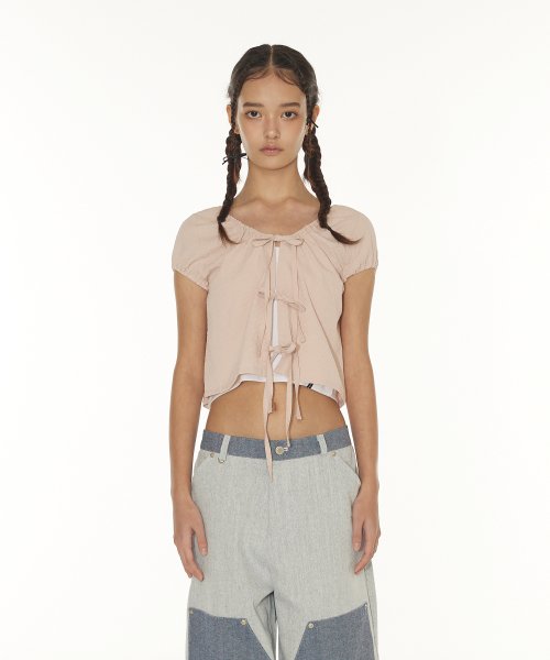 FUZZY SHIRRING RIBBON CARDIGAN - PINK