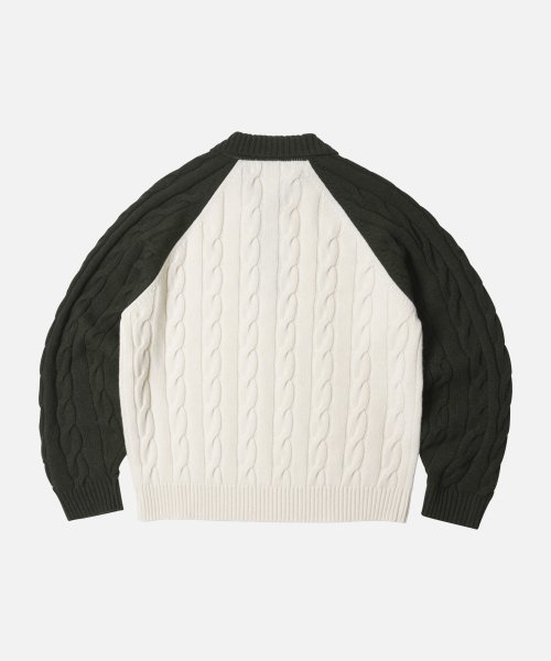 WOOL CABLE RAGLAN HALF ZIP KNIT _ DARK OLIVE