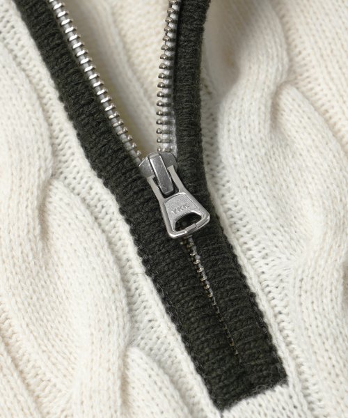 WOOL CABLE RAGLAN HALF ZIP KNIT _ DARK OLIVE