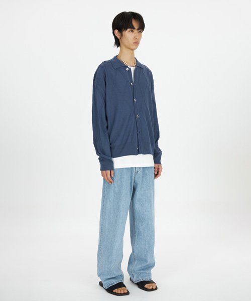 Fringe Knit Collar Cardigan - Blue