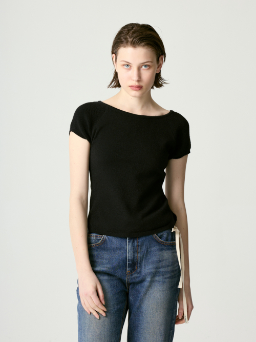 MUSINSA | GLOWNY BOW SLIT KNIT TOP (BLACK)