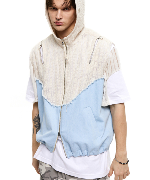KNIT & DENIM HOOD ZIPUP Жилетка - IVORY/LIGHT DENIM