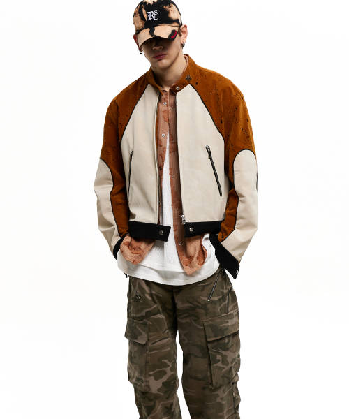 PUNCHING & LEATHER BIKER JACHET - CAMEL/IVORY