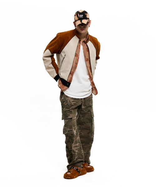 PUNCHING & LEATHER BIKER JACHET - CAMEL/IVORY