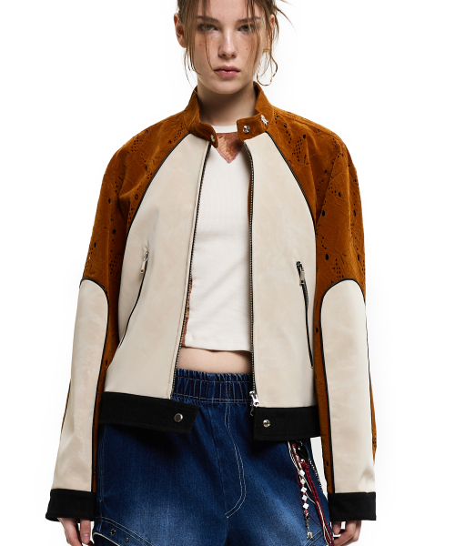 PUNCHING & LEATHER BIKER JACHET - CAMEL/IVORY