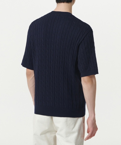 Cable Crew Neck Short Sleeve Knit [Navy] thumbnail 3