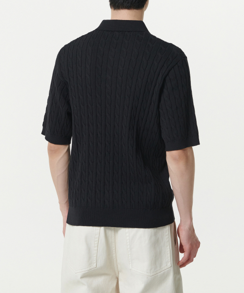 Cable Knitted Polo Shirt [Black] thumbnail 3