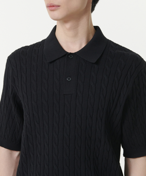 Cable Knitted Polo Shirt [Black] thumbnail 4