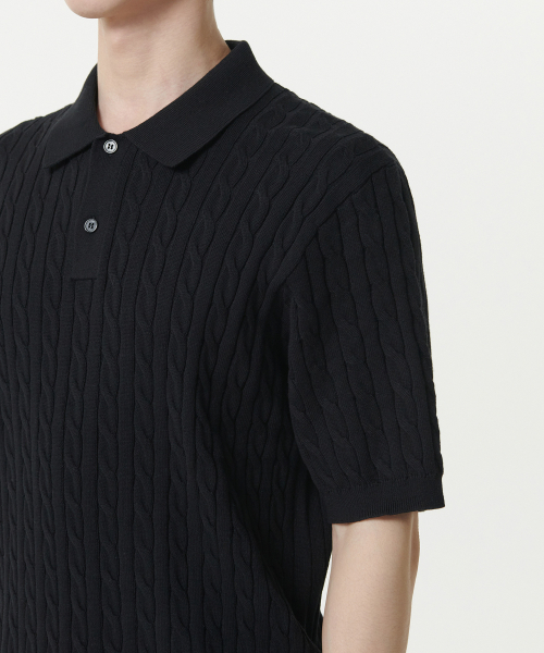 Cable Knitted Polo Shirt [Black] thumbnail 5