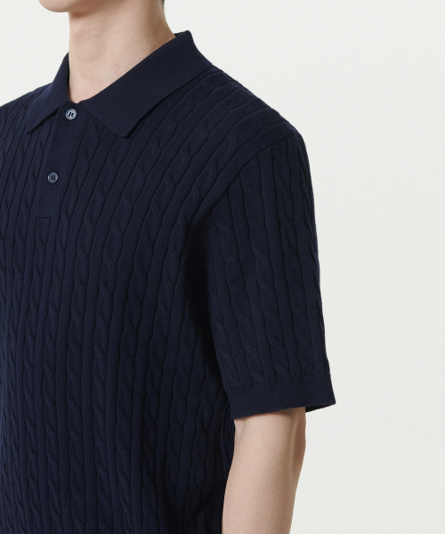 Cable Knitted Polo Shirt [Navy] thumbnail 5