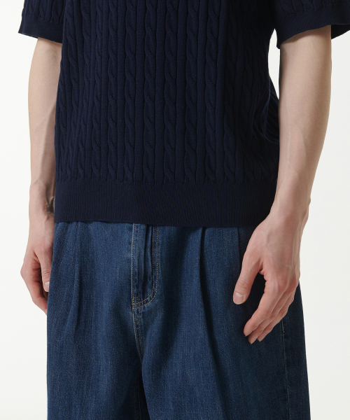 Cable Knitted Polo Shirt [Navy] thumbnail 6