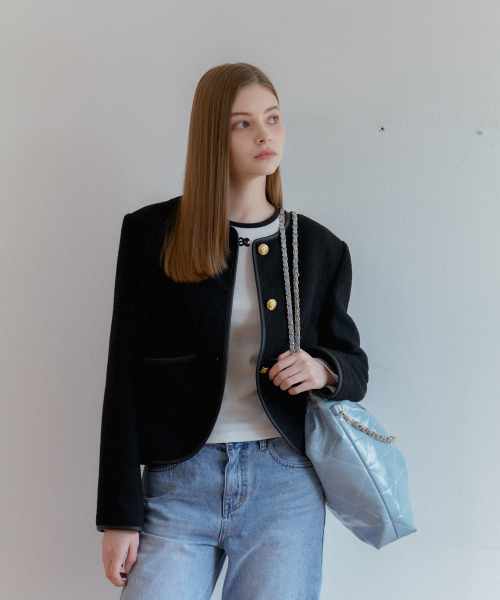 ROUND NECK TWEED куртка_BLACK
