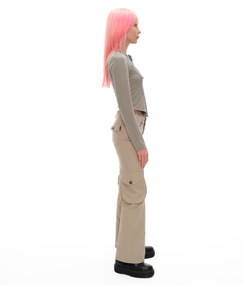 CUT OUT SHIRRING LONG SLEEVE_KHAKI