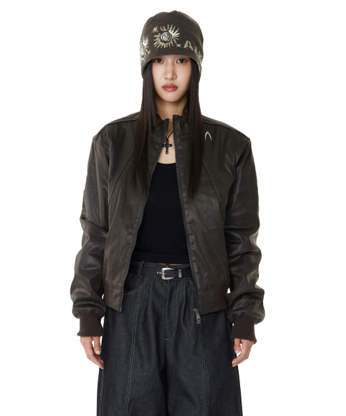 Piping Leather Blouson (Brown)