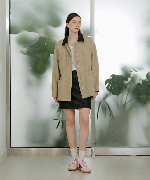 Куртка-хантинг с кожаным воротником Beige