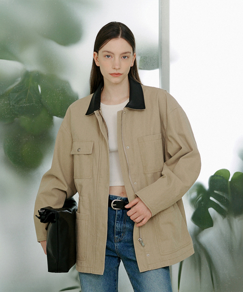 Куртка-хантинг с кожаным воротником Beige