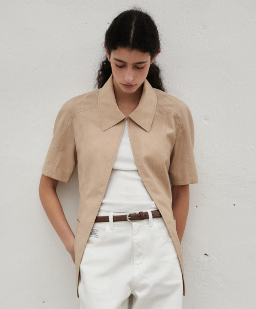 Полуприталенный жакет с коротким рукавом_SAND BEIGE
