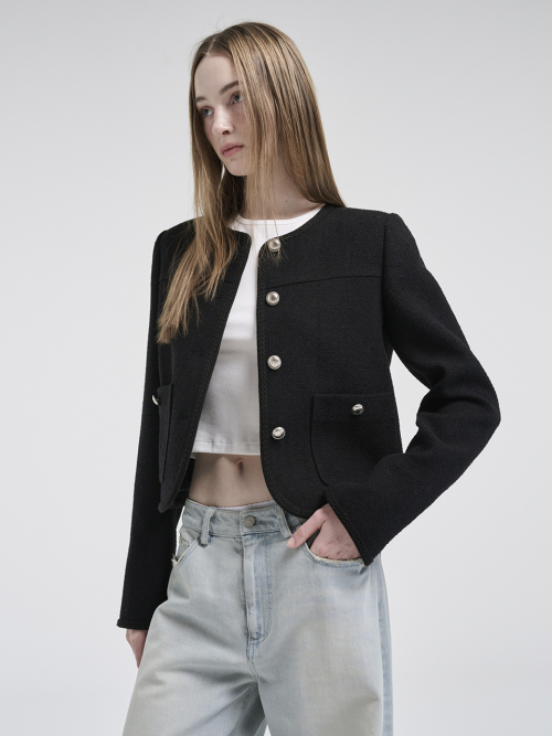 Curved Round Tweed Jacket, Black
