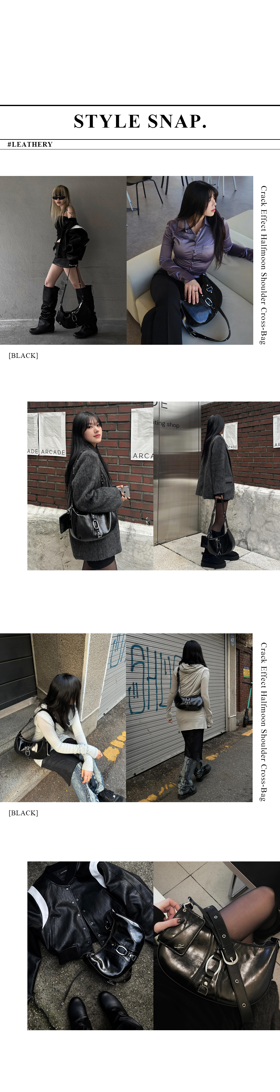 ショルダーバッグ・ポシェット LEATHERY Crack Effect Halfmoon Shoulder Cross-Bag [BLACK] Crack Effect Halfmoon Shoulder Cross-Bag [BLACK] - LEATHERY